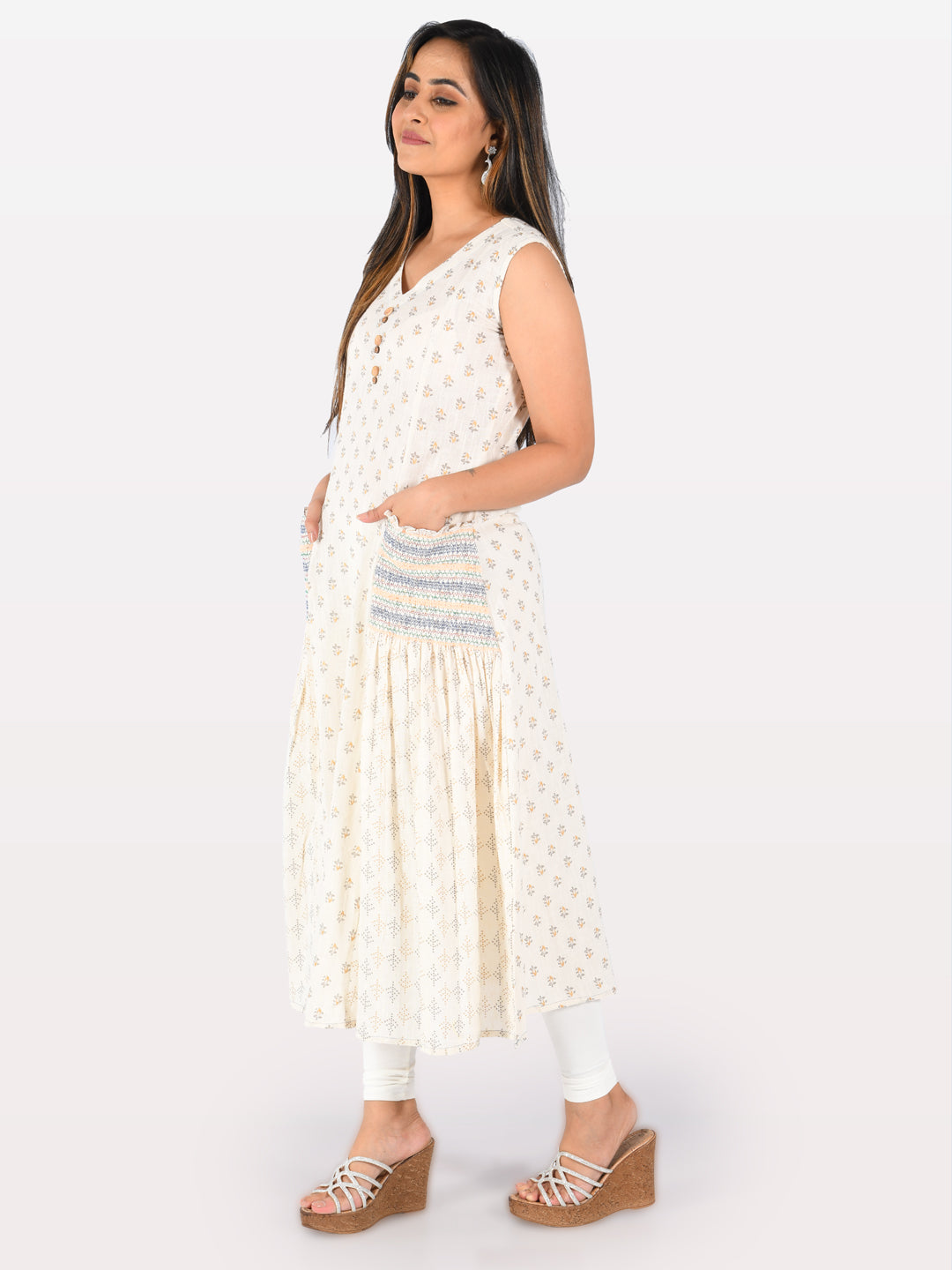 Neeru's Off White Printed A Line Kurta