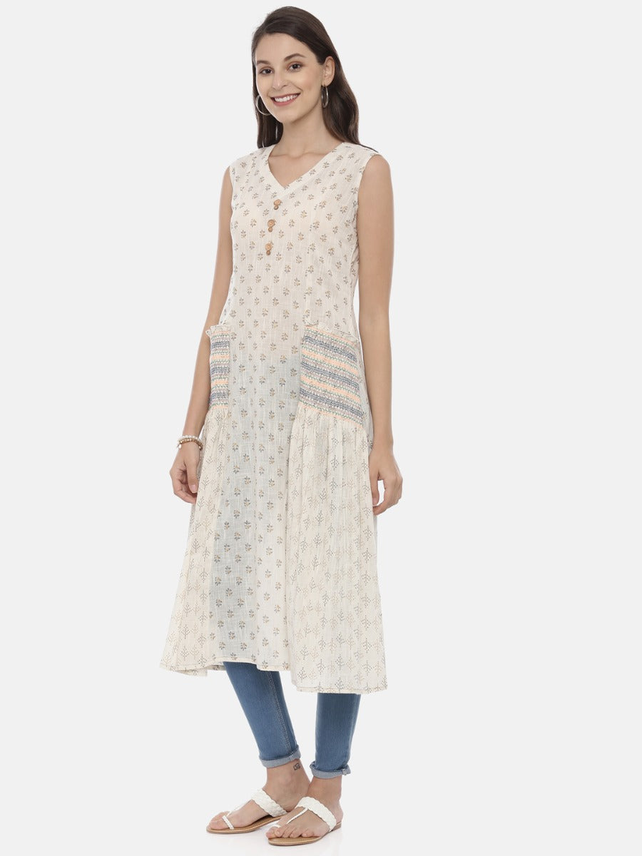 Neeru's Off White Printed A Line Kurta