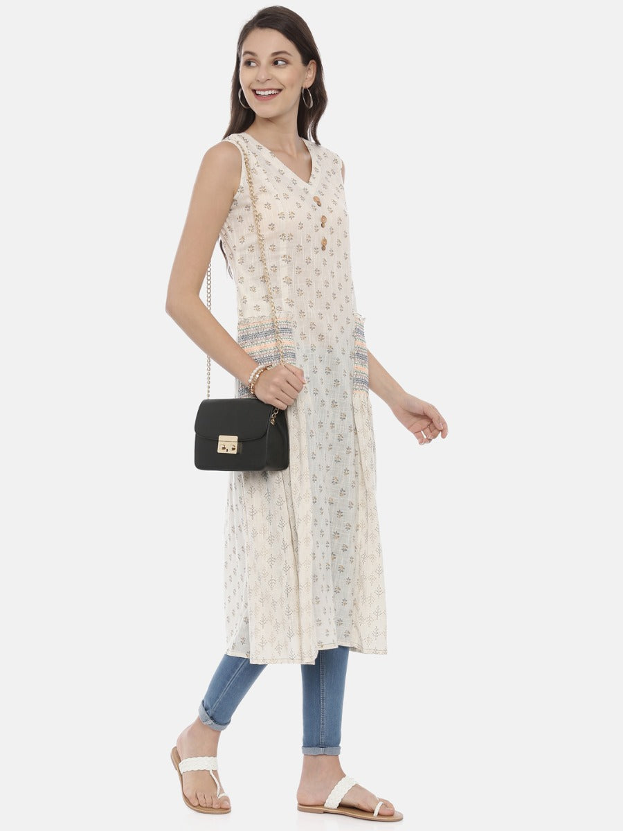 Neeru's Off White Printed A Line Kurta