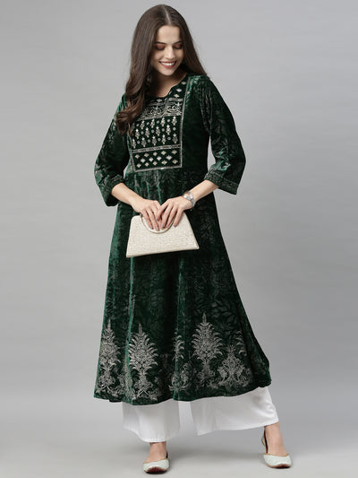 Neeru's Green Zari Flared Kurta