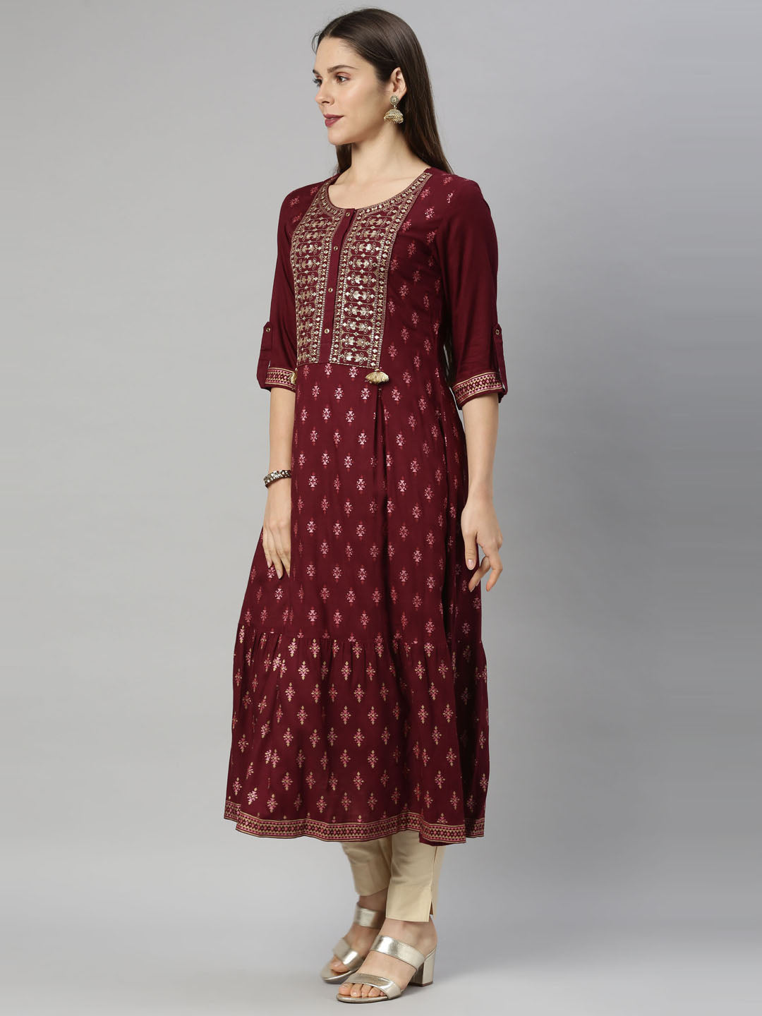 Neeru's Maroon Color Slub Riyon Fabric Tunic