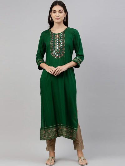 Neeru's Bottle Green Color Slub Rayon Fabric Tunic