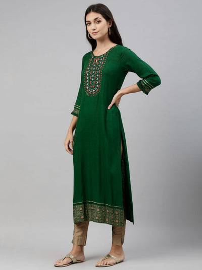 Neeru's Bottle Green Color Slub Rayon Fabric Tunic