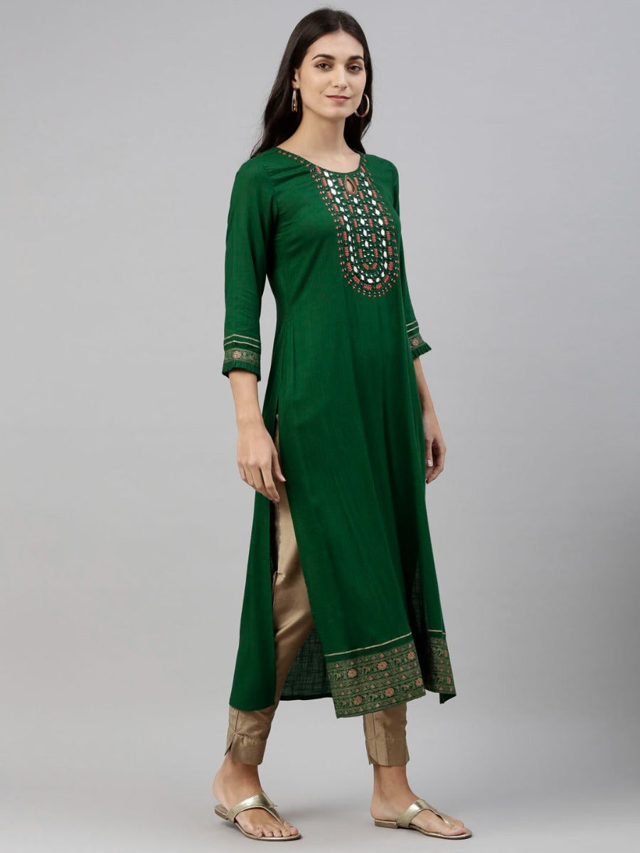 Neeru's Bottle Green Color Slub Rayon Fabric Tunic