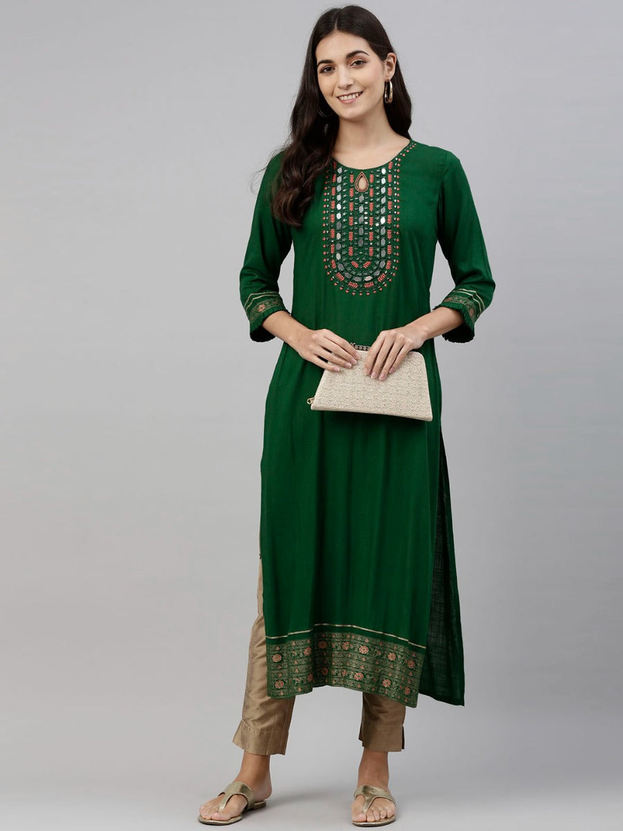 Neeru's Bottle Green Color Slub Rayon Fabric Tunic