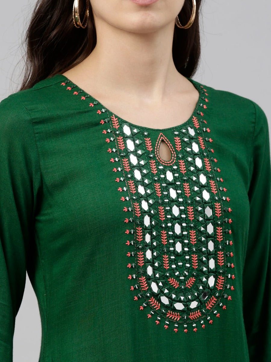 Neeru's Bottle Green Color Slub Rayon Fabric Tunic