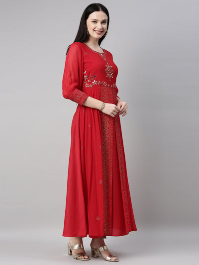 Neeru's Red Straight Casual Embellished Dress