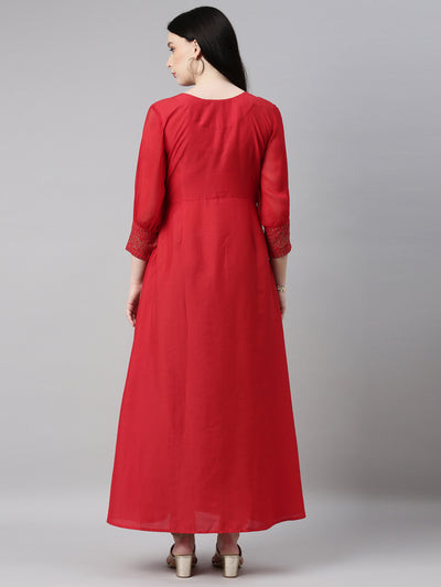 Neeru's Red Straight Casual Embellished Dress