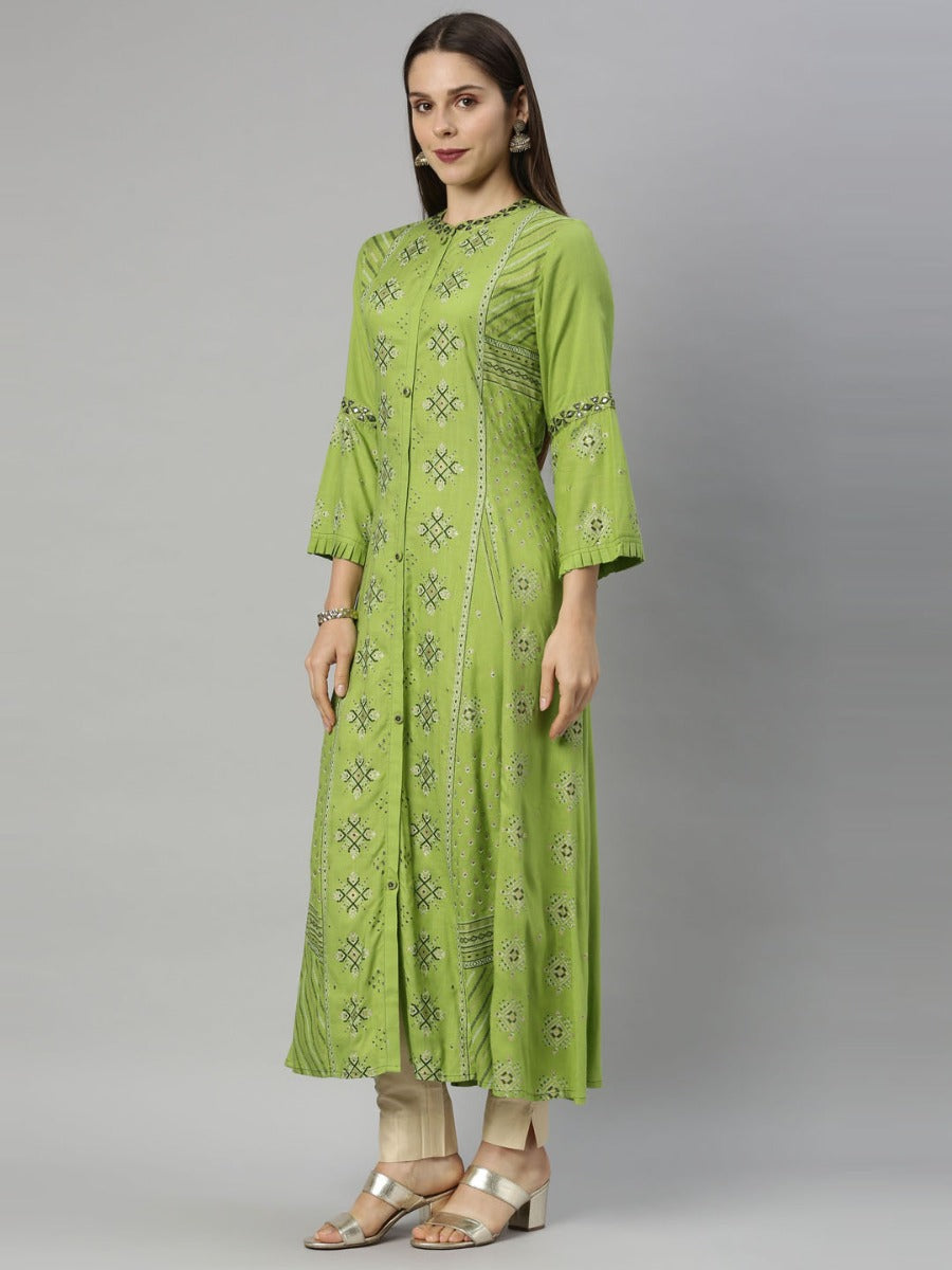 Neeru's Green Straight Casual Printed Dress