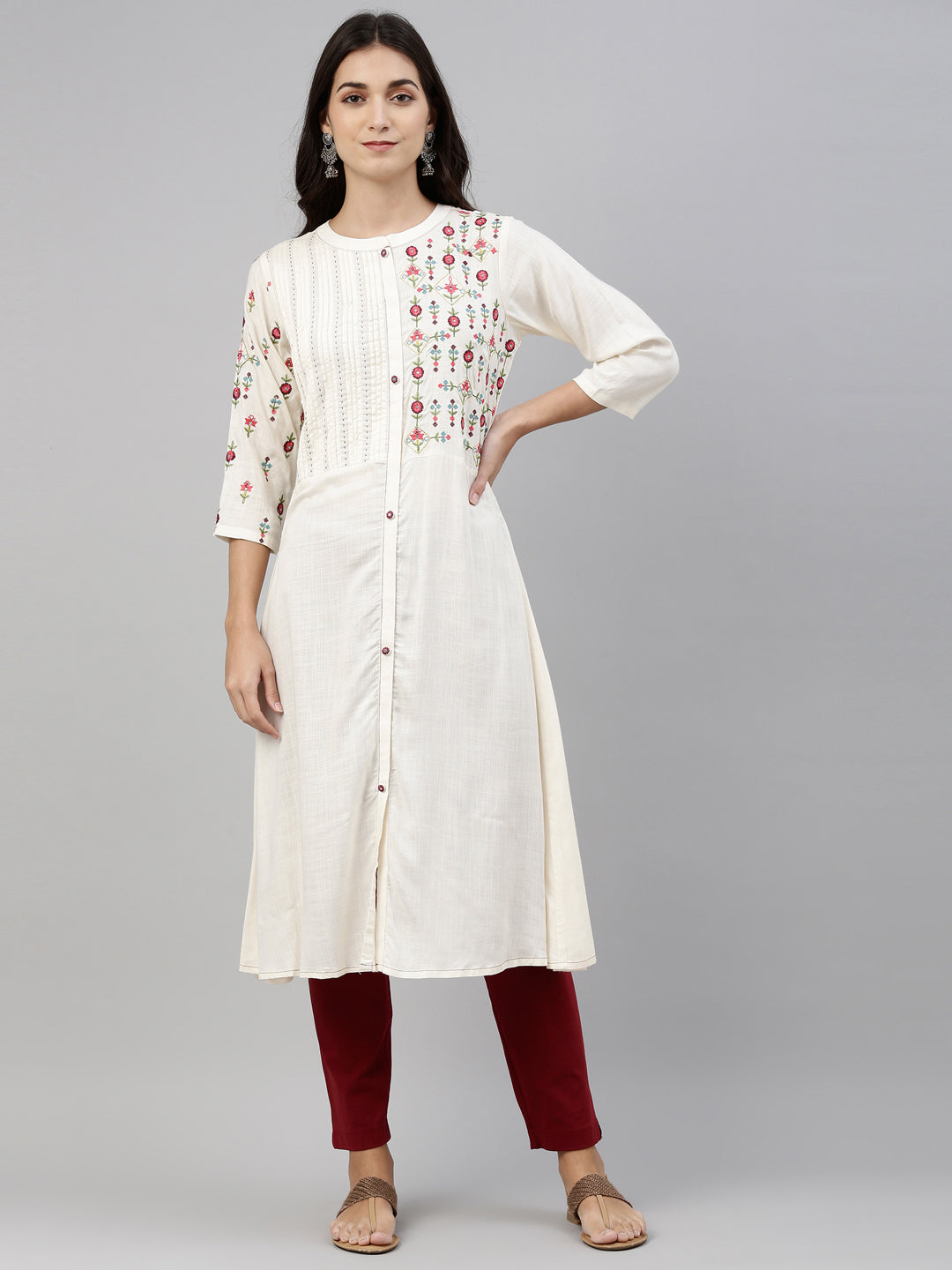 Neeru's Cream Color Slub Riyon Fabric Tunic