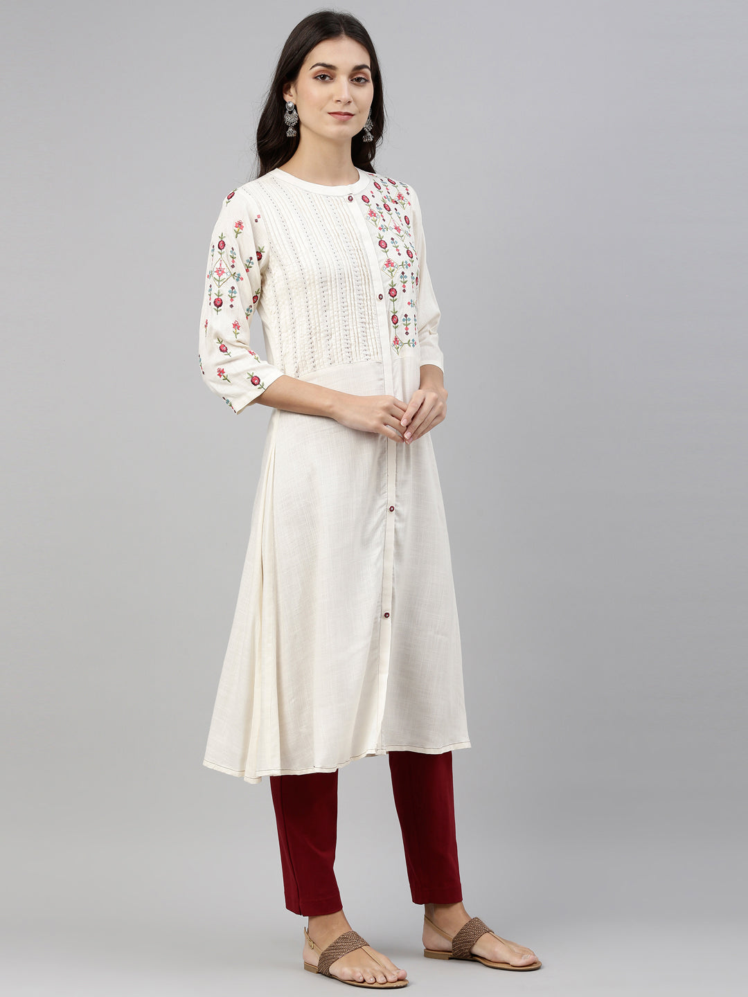 Neeru's Cream Color Slub Riyon Fabric Tunic