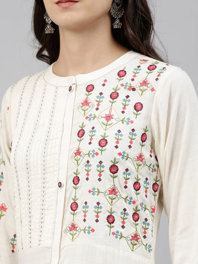 Neeru's Cream Color Slub Riyon Fabric Tunic