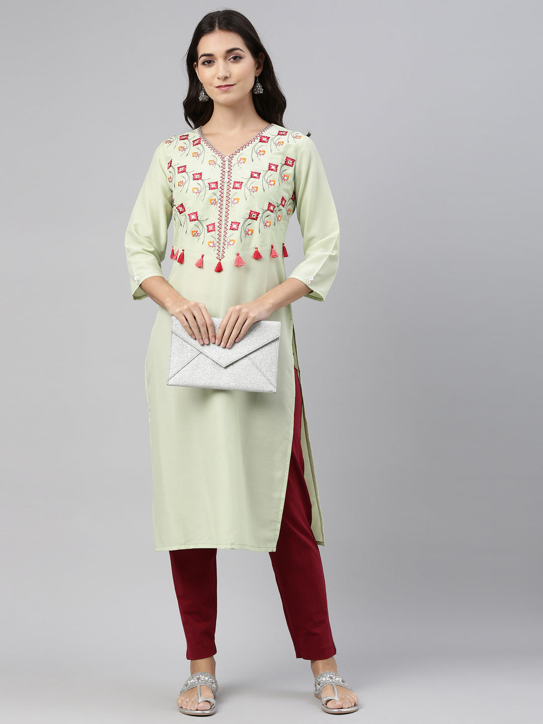 Neeru's Pista Color Muslin Fabric Tunic