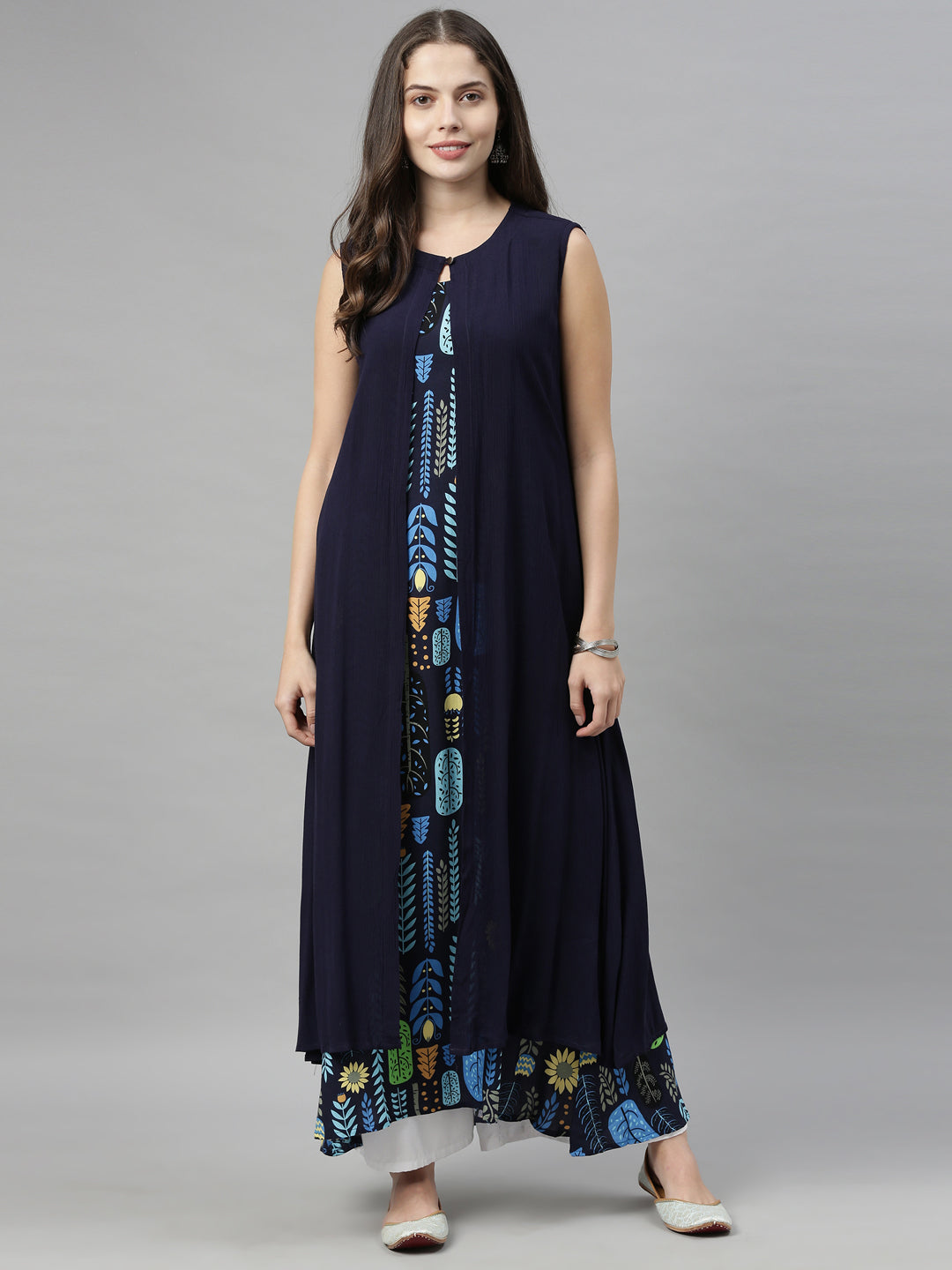 Neeru's Navy Blue Color Chiffon Fabric Over Coat