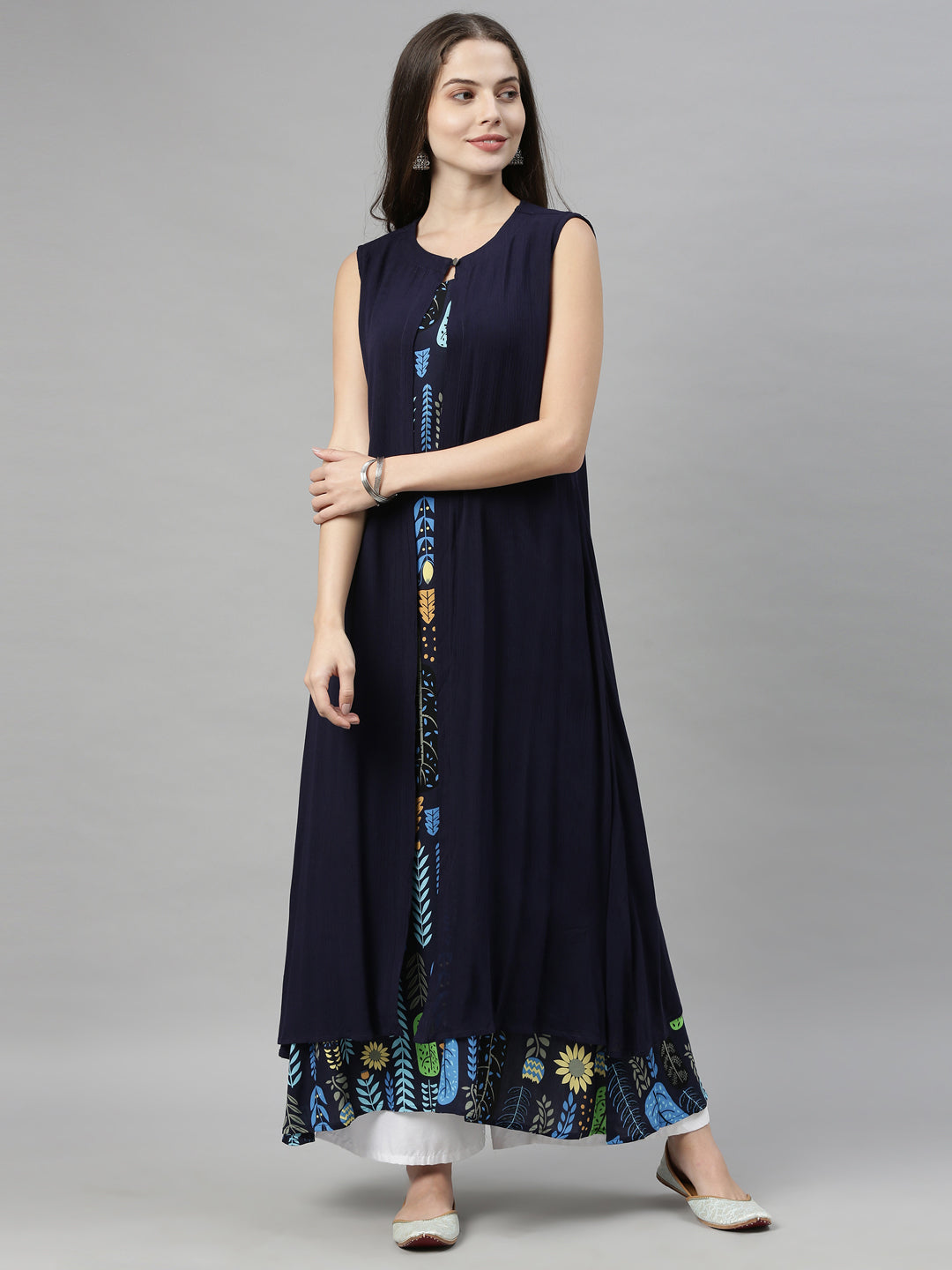 Neeru's Navy Blue Color Chiffon Fabric Over Coat