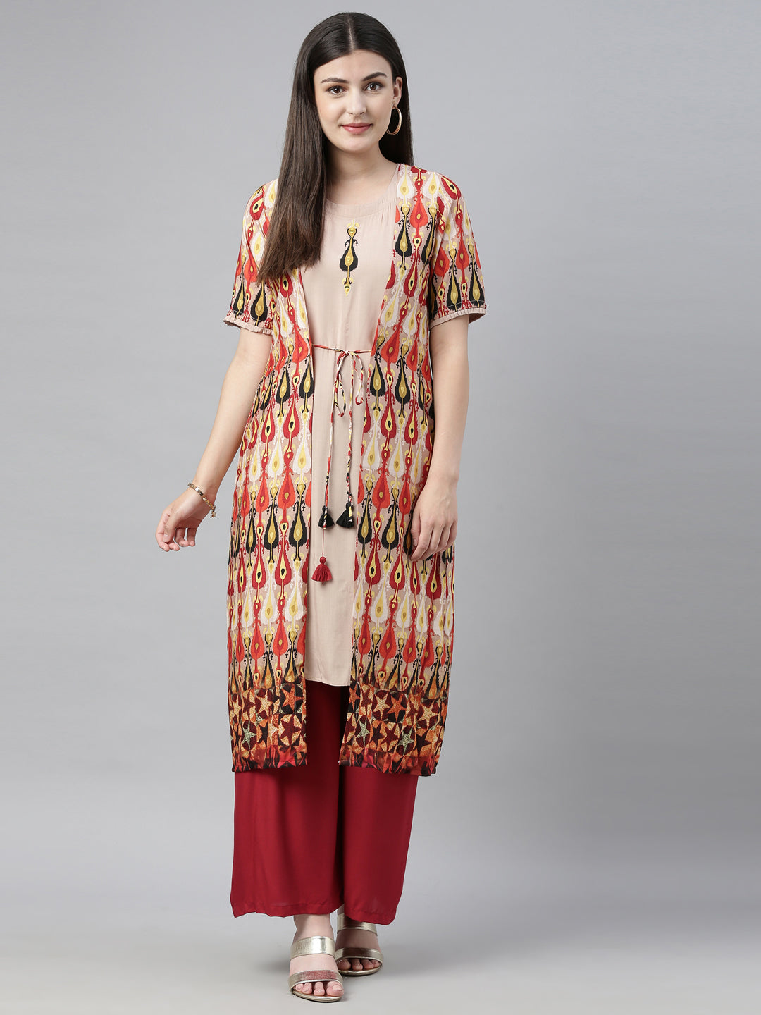 Neeru's Beige Printed Straight Kurta With Jacket