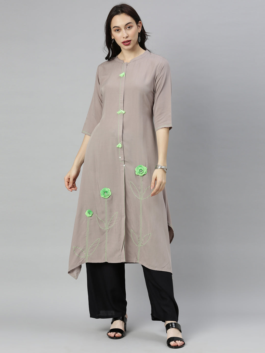 Neeru's Grey Embroidered A Line Kurta