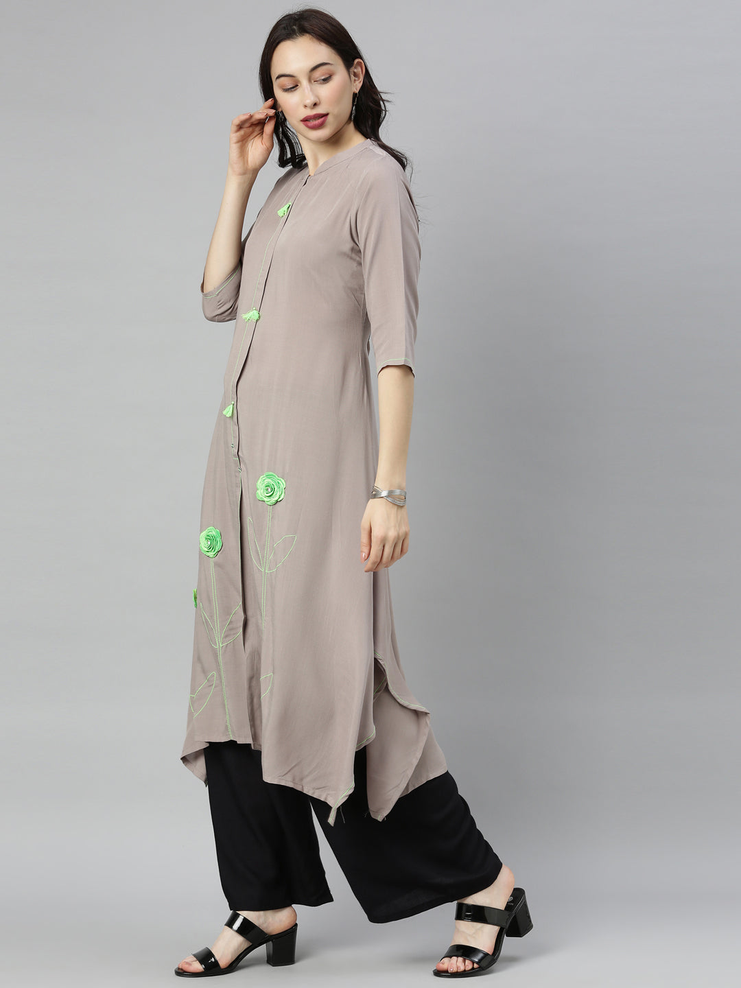 Neeru's Grey Embroidered A Line Kurta