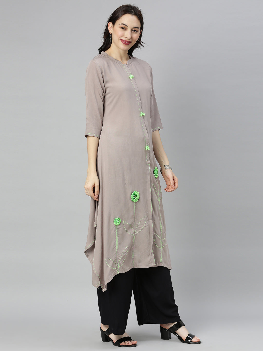 Neeru's Grey Embroidered A Line Kurta