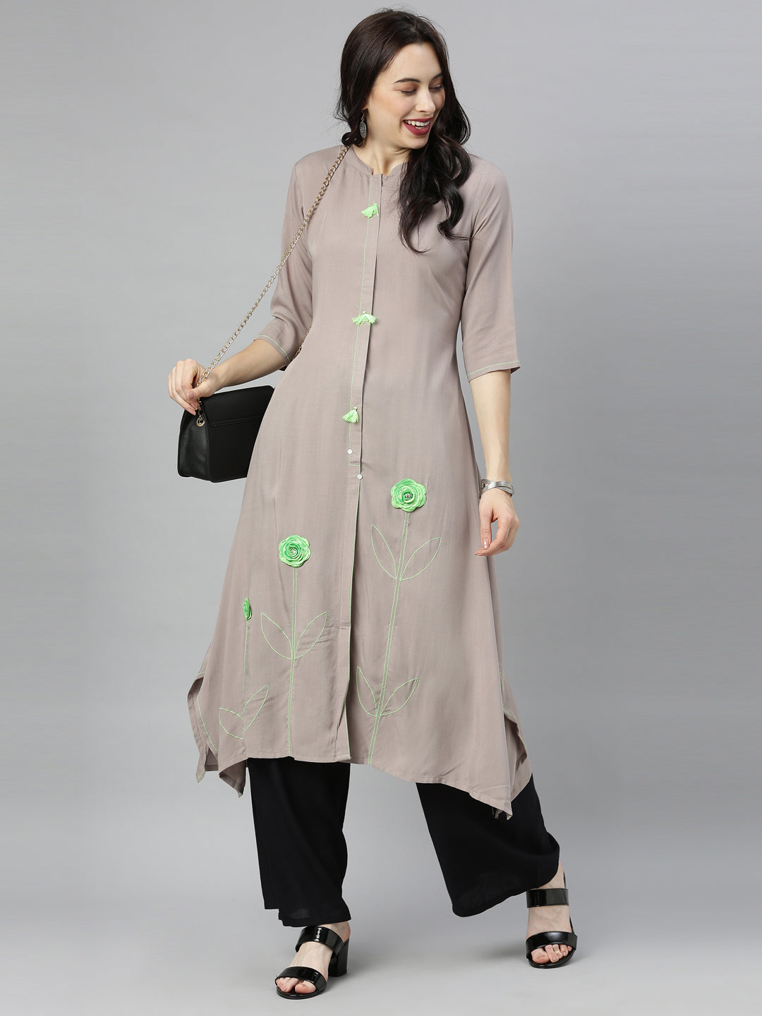 Neeru's Grey Embroidered A Line Kurta