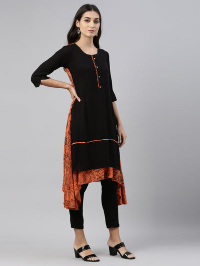 Neeru's Black Color Slub Riyon Fabric Kurtha