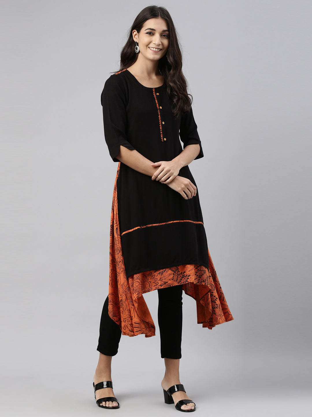 Neeru's Black Color Slub Riyon Fabric Kurtha