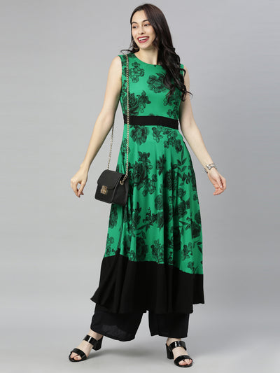 Neeru's Green Printed Fit & Flare Kurta