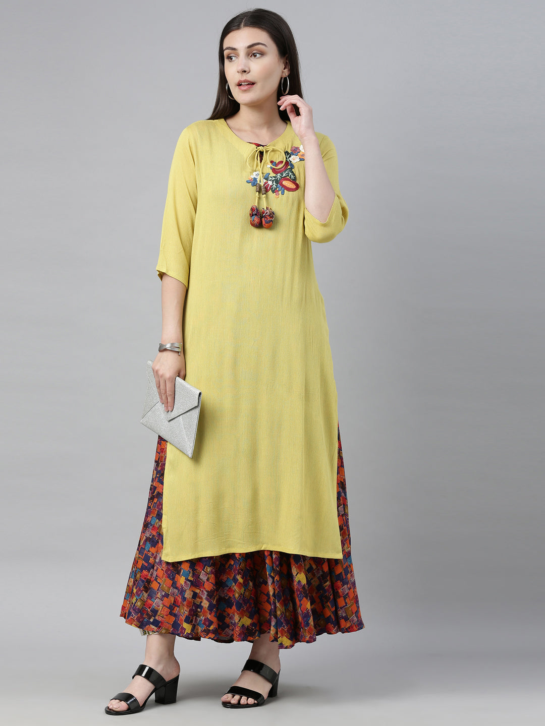 Neeru's Lime Yellow Embroidered Straight Kurta