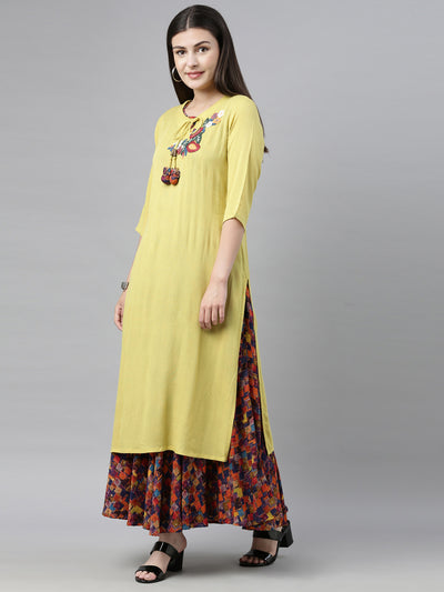 Neeru's Lime Yellow Embroidered Straight Kurta