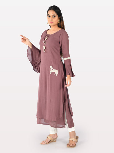 Neeru's Mauve Printed Straight Double Layered Kurta