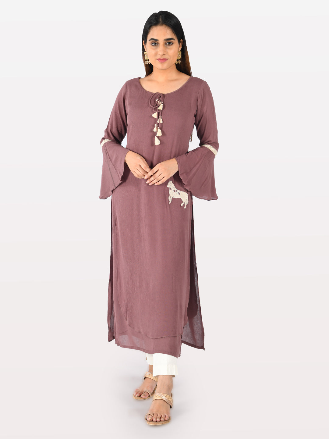 Neeru's Mauve Printed Straight Double Layered Kurta