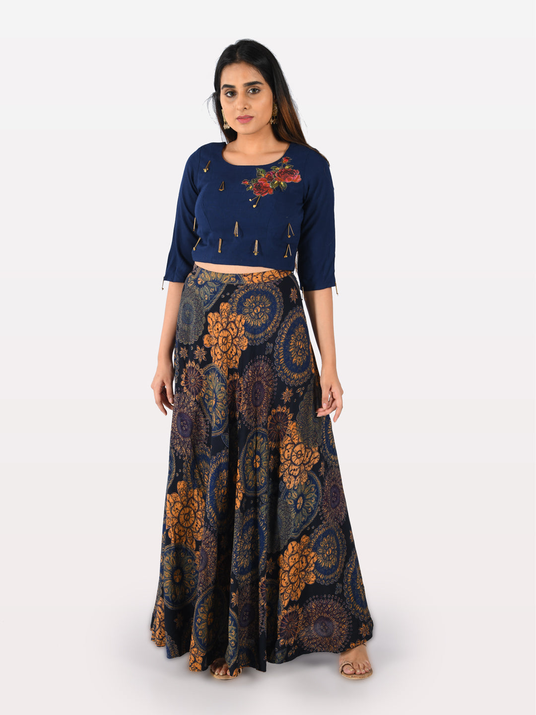 Neeru's Blue Embellished Crop Top And Skirt