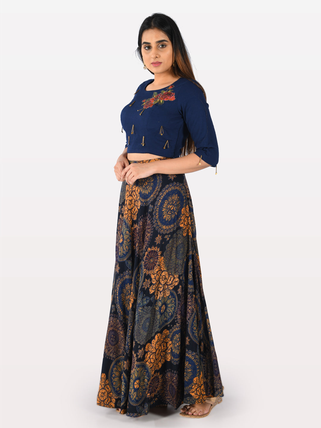 Neeru's Blue Embellished Crop Top And Skirt