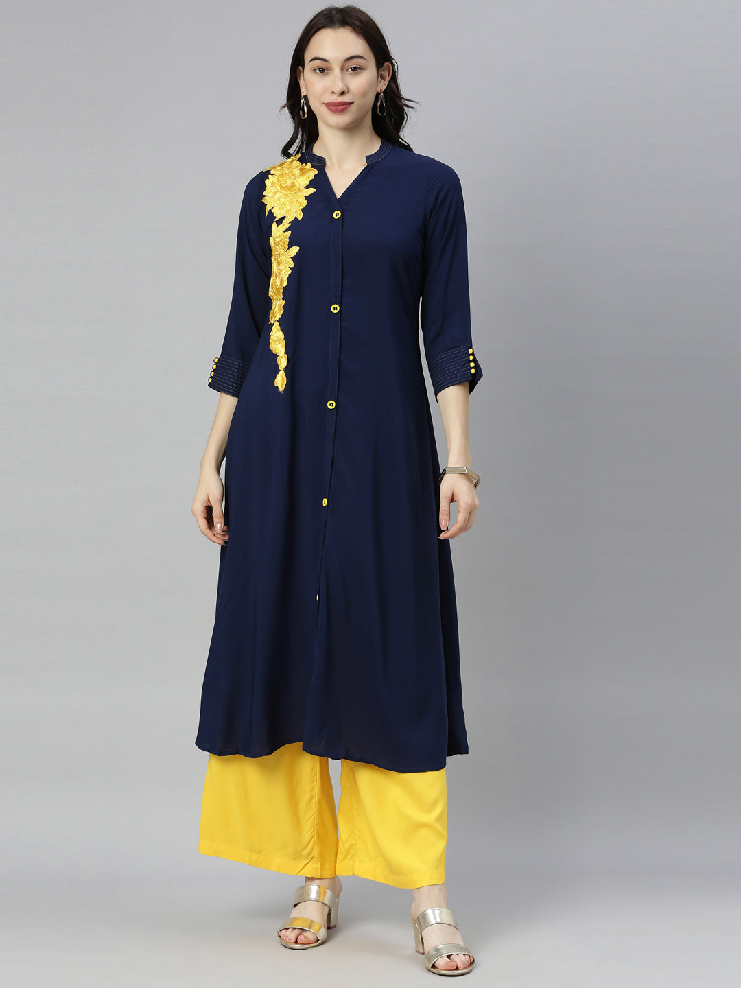 Neeru's Navy Embroidered A Line Kurta