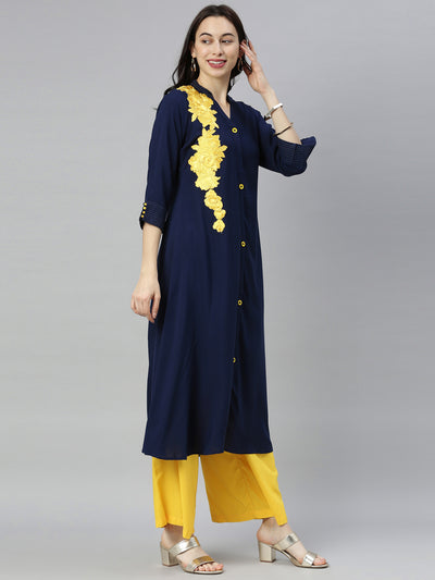 Neeru's Navy Embroidered A Line Kurta