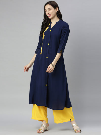 Neeru's Navy Embroidered A Line Kurta