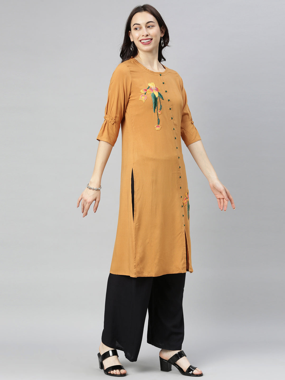 Neeru's Brown Embroidered Straight Kurta