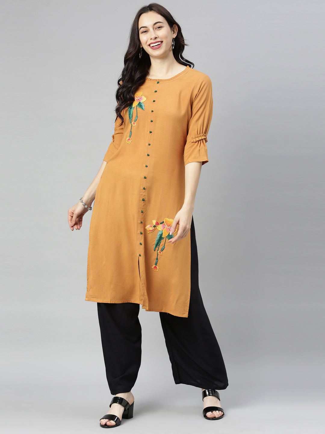 Neeru's Brown Embroidered Straight Kurta