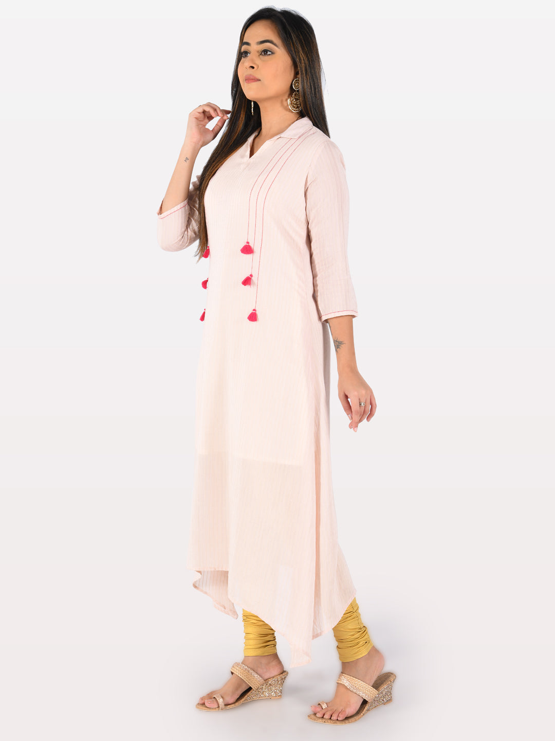 Neeru's Peach Striped High Low Kurta