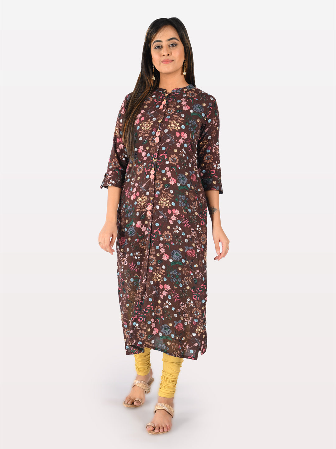 Neeru's Brown Printed Straight Kurta