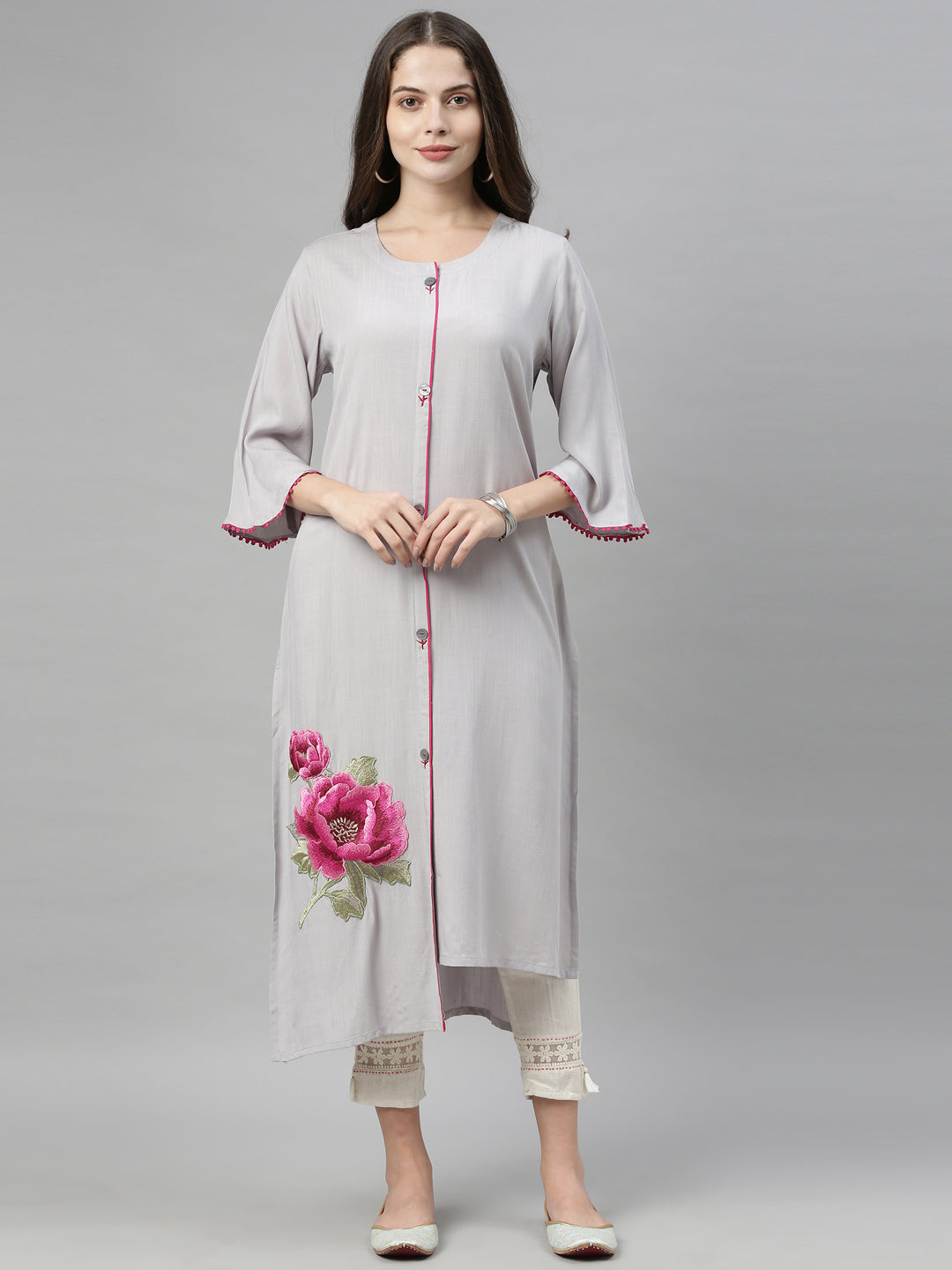 Neeru's Grey Embroidered Straight Kurta