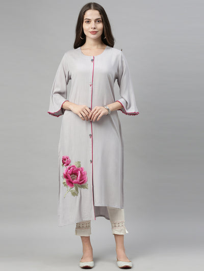 Neeru's Grey Embroidered Straight Kurta