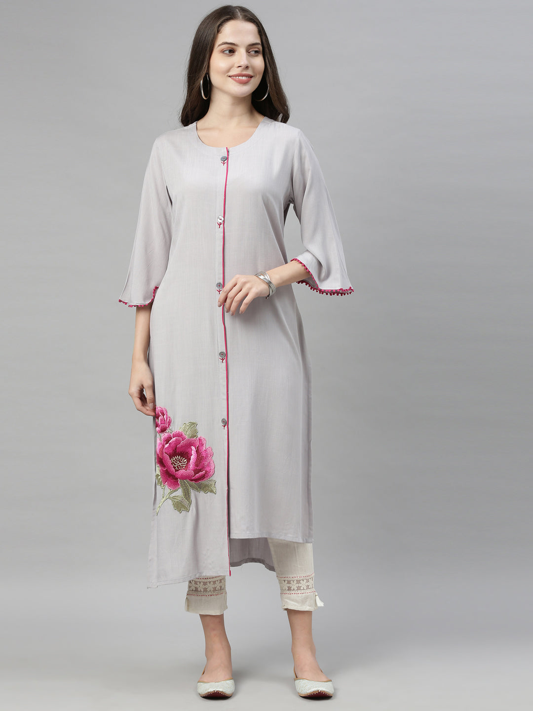 Neeru's Grey Embroidered Straight Kurta