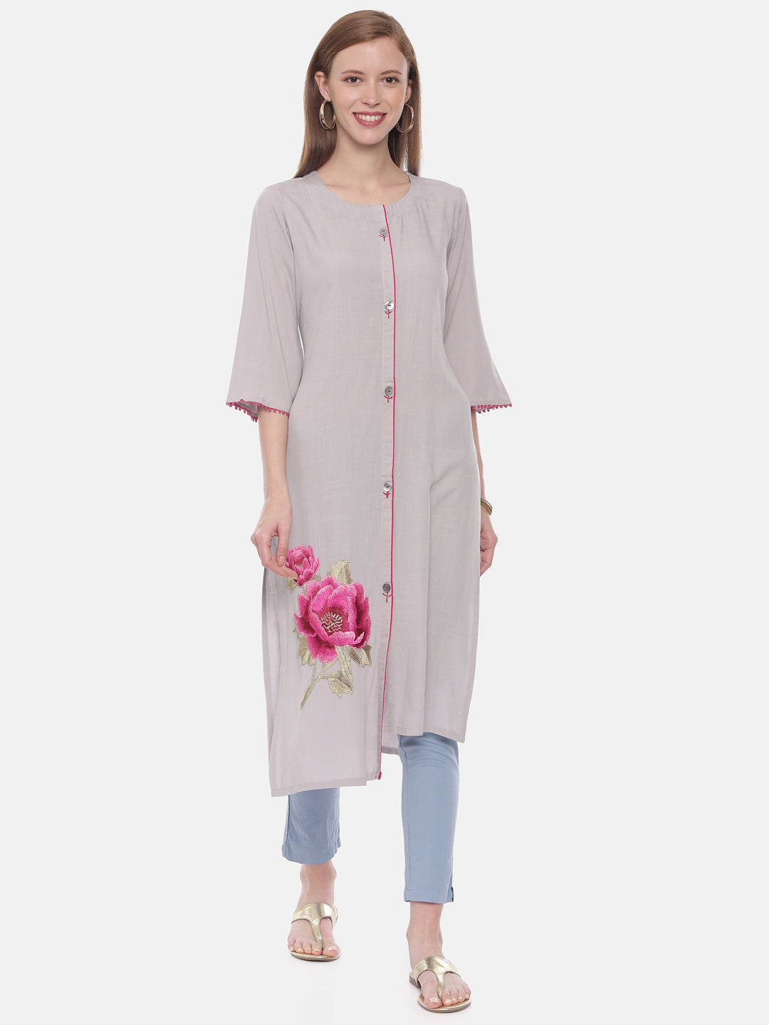 Neeru's Grey Embroidered Straight Kurta