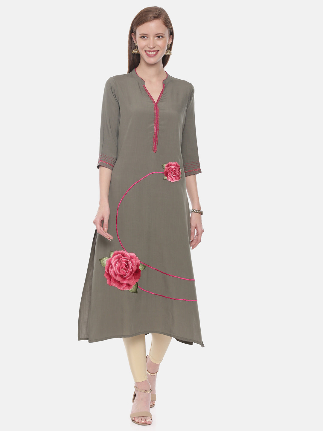 Neeru's Olive Embroidered A Line Kurta