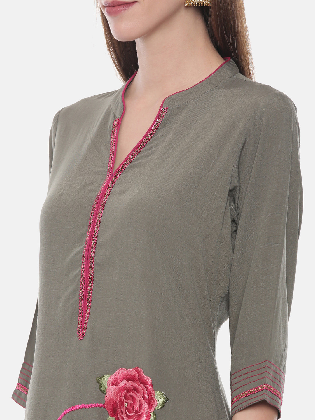 Neeru's Olive Embroidered A Line Kurta