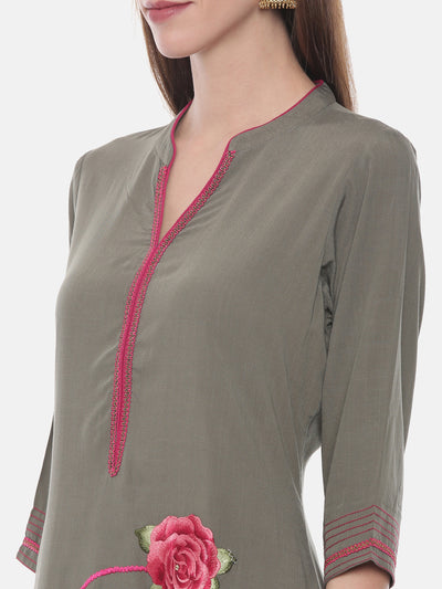 Neeru's Olive Embroidered A Line Kurta