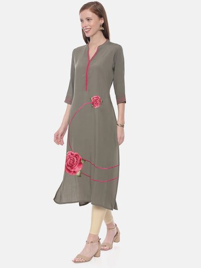 Neeru's Olive Embroidered A Line Kurta