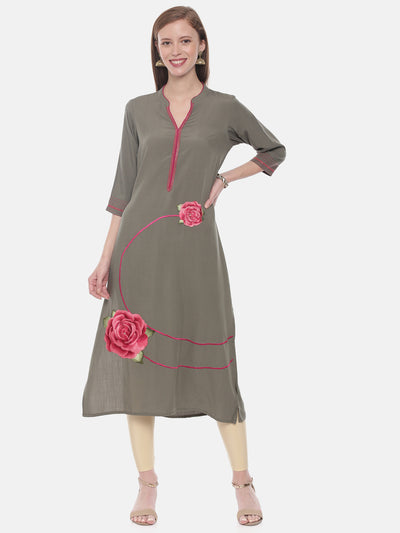 Neeru's Olive Embroidered A Line Kurta