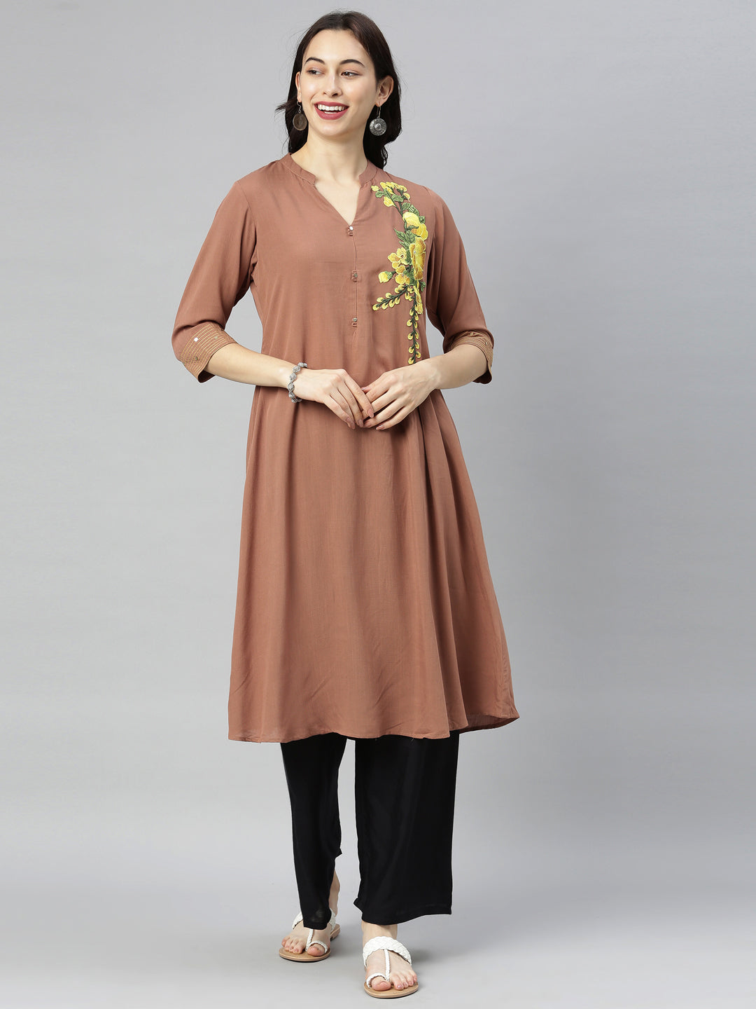 Neeru's Brown Embroidered A Line Kurta